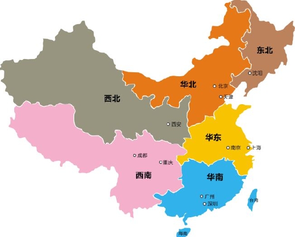 中国地図　地区別名称